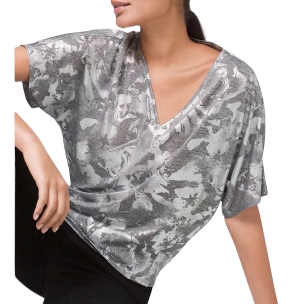 White House Black Market Gray/ Silver Foil Dolman Tee- Size XS